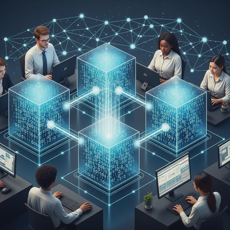 Futuristic IT team around glowing holographic data cubes and network lines in a high-tech workspace.