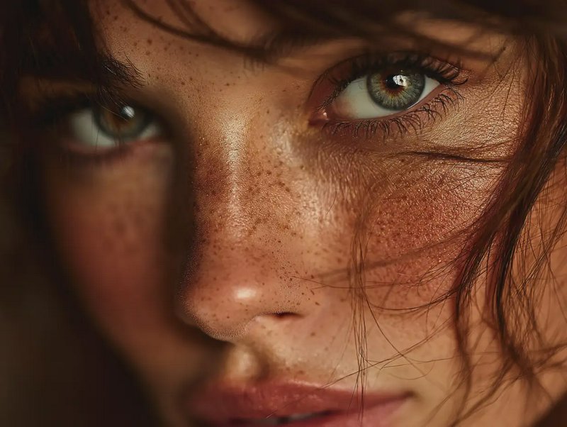 Close-up of a freckled young woman’s face with green eyes and tousled hair.