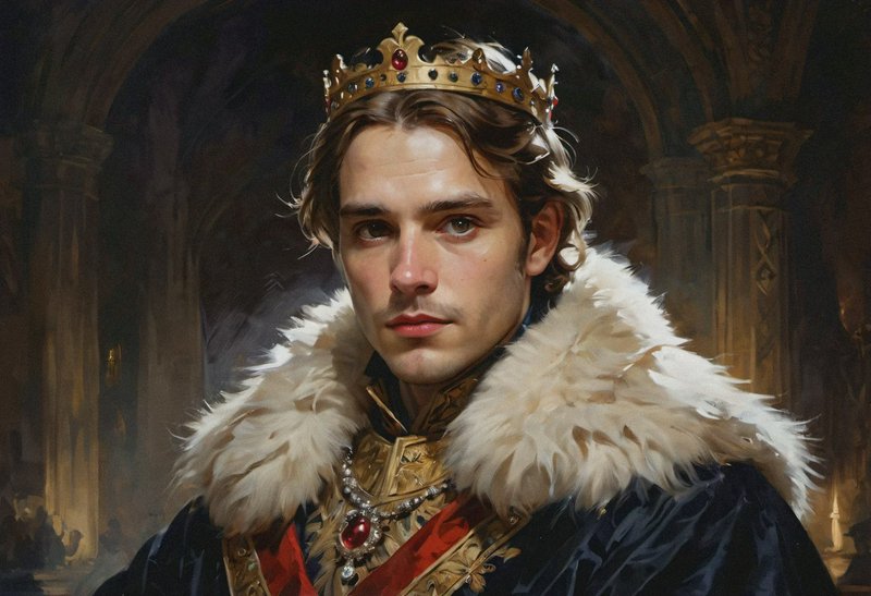 Portrait of a king wearing a crown and fur-trimmed mantle in a grand throne room.