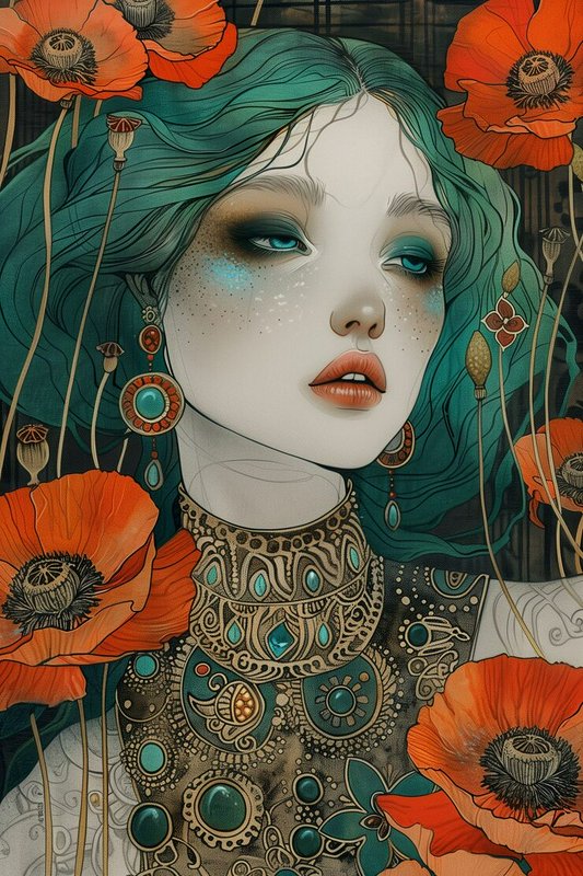 Stylized portrait of a woman with teal hair and ornate jewelry surrounded by red poppies.