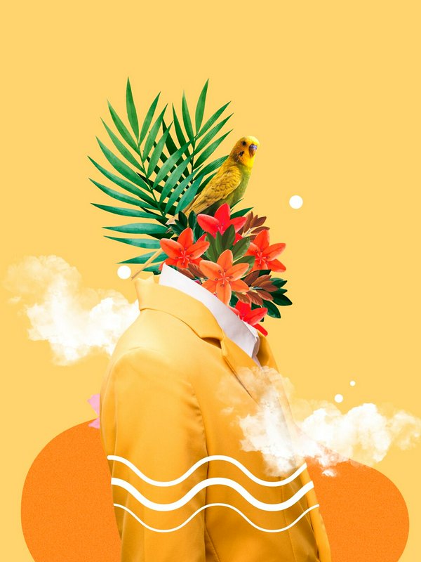 Surreal collage of a yellow suit with a head made of tropical leaves, a parrot, and orange flowers.