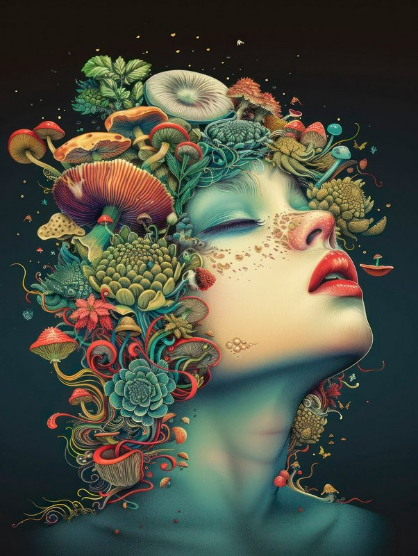 Surreal portrait of a woman's face with vibrant mushrooms and flora sprouting from her head