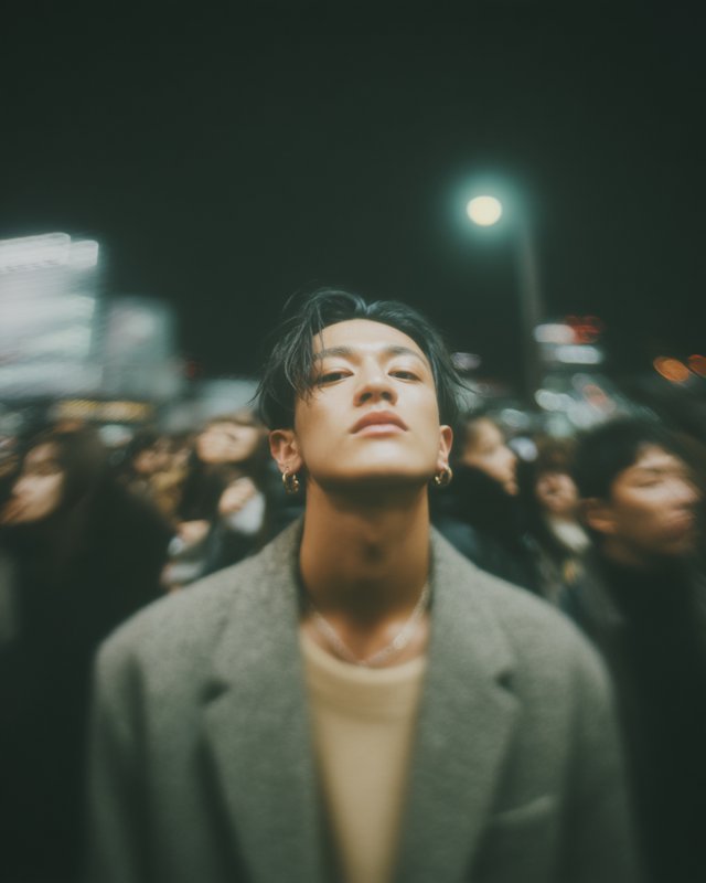 Young man in a coat among a blurred nighttime crowd, moody urban portrait.