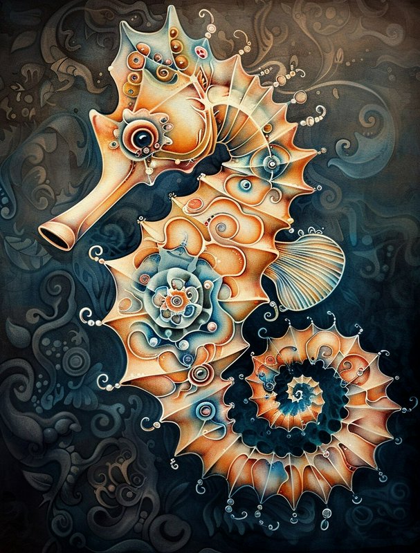 Artistic seahorse illustration with shell-like spirals and floral details in warm orange and blue...