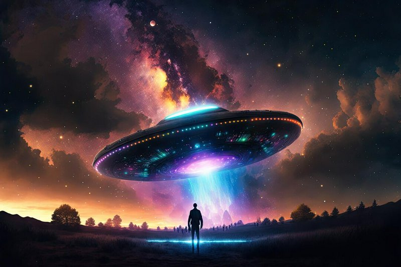Silhouette of a person beneath a glowing, rainbow-lit UFO beam in a dark open field.