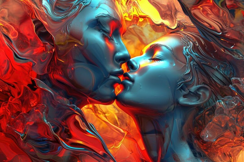 Abstract digital artwork of two glossy blue and red faces kissing amid fiery swirls
