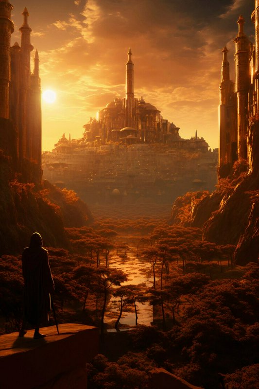 Silhouetted cloaked figure with staff overlooking a golden fantasy city on a distant hill at sunset