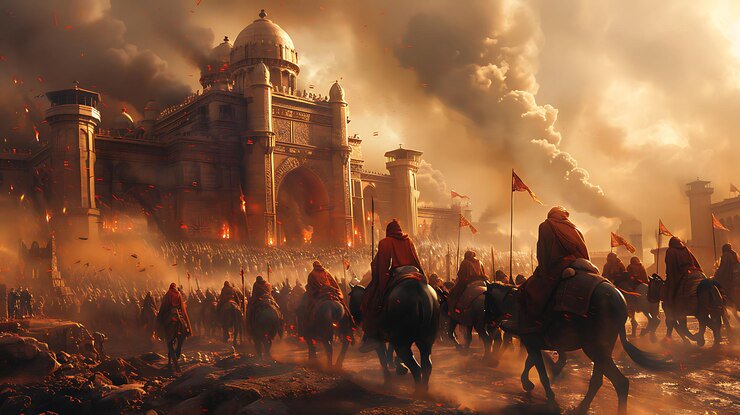 Medieval siege: knights on horseback before a grand fortress amid smoke and flames.