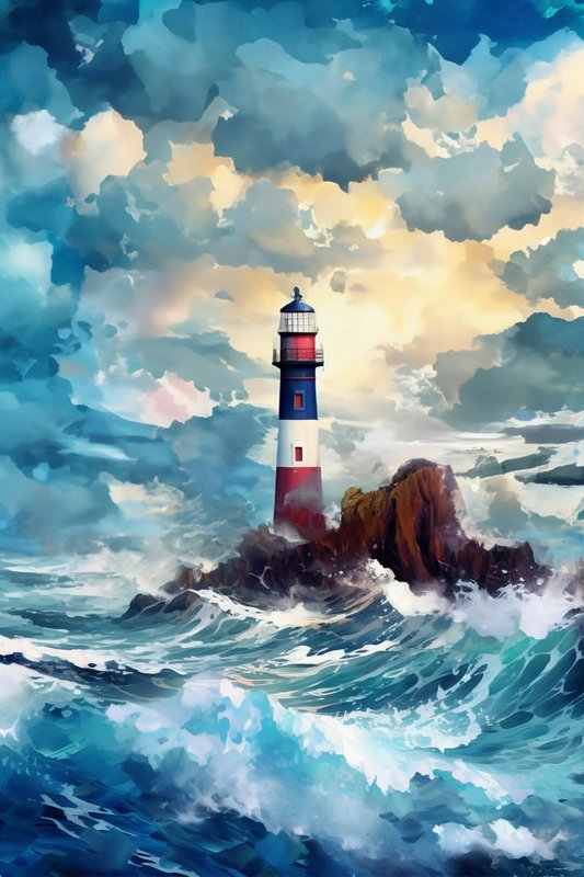 Lighthouse on a rocky outcrop amid turbulent ocean waves under a dramatic, colorful sky.