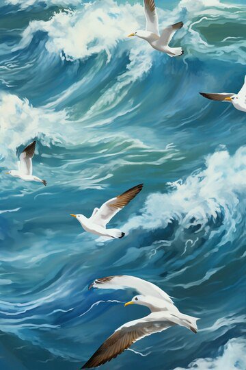 Illustrated seascape with crashing blue waves and several seagulls in flight.