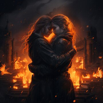 Two women embrace in a fiery, ruined cityscape with flames and smoke behind them.