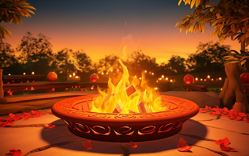 Decorative outdoor fire pit with dancing flames at sunset, surrounded by fall leaves.