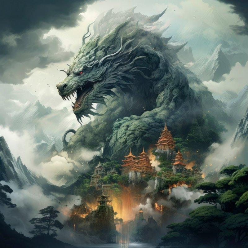 Colossal green dragon looming over misty mountains with a pagoda-filled temple fortress.