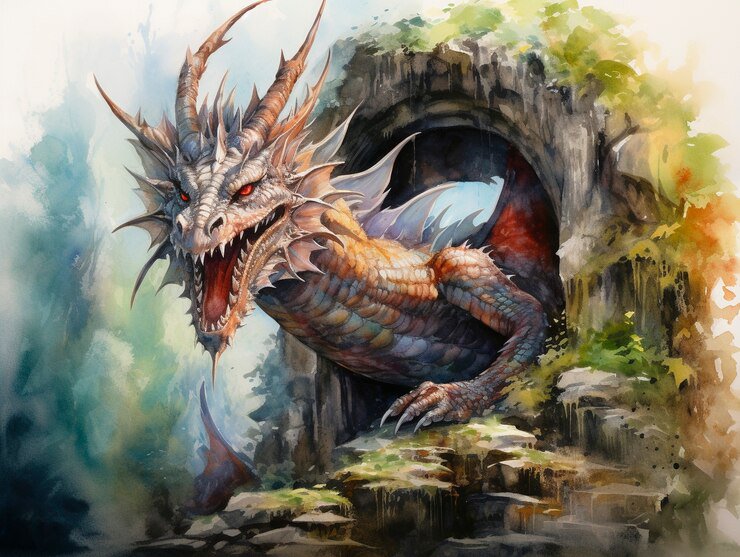 Colorful dragon emerging from a rocky cave doorway in a vibrant watercolor scene.