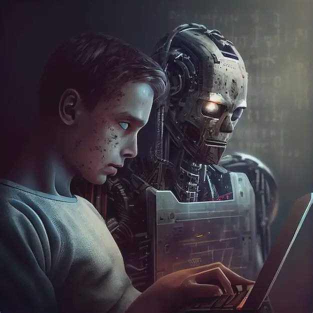 Young boy and a menacing humanoid robot leaning over a laptop in a dark cyberpunk setting.