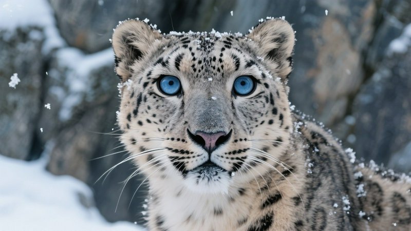 Snow leopard with icy blue eyes in a snowy, rocky setting