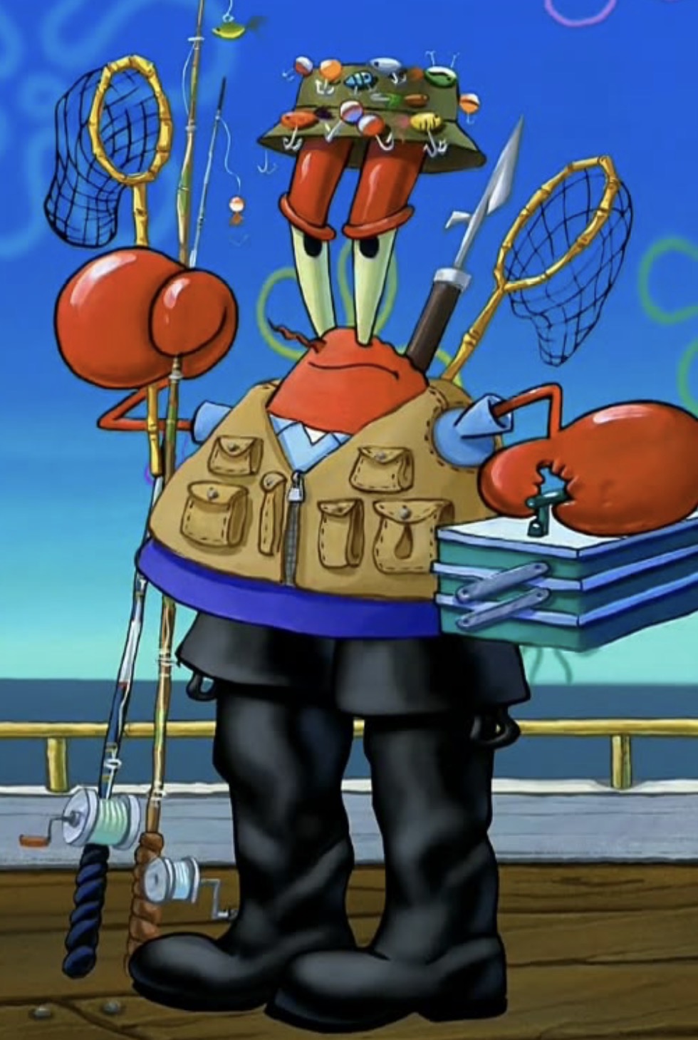 Cartoon crab in a fisherman/scientist outfit with nets, books, and fishing gear on a dock.