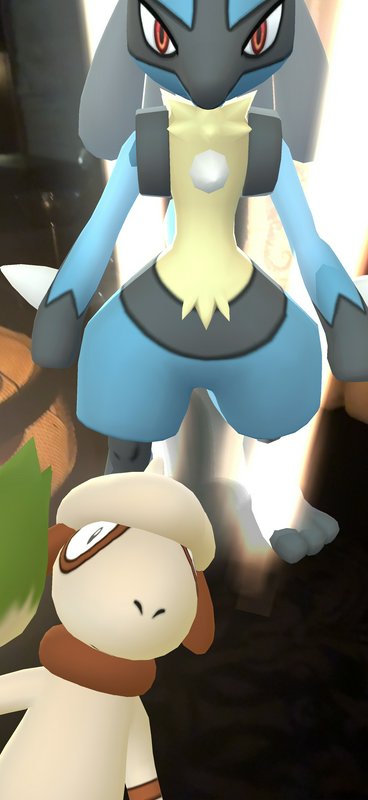 3D Lucario looming over a Wooloo in a dynamic game scene.