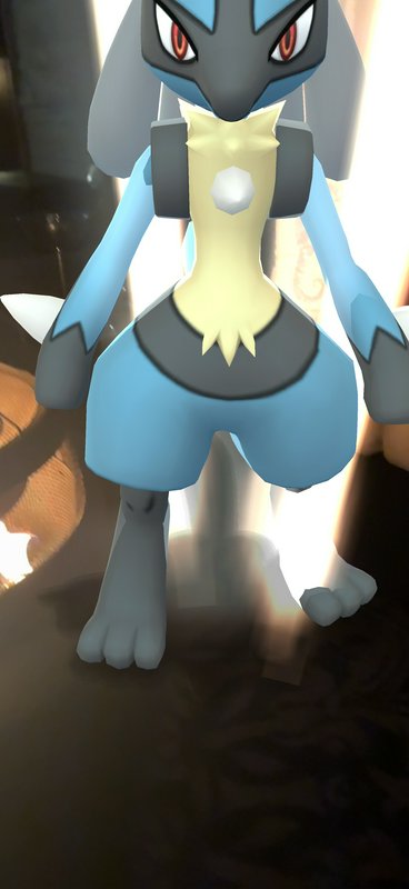 3D render of Lucario, the blue and black Pokémon with a yellow chest, standing in a dynamic heroi...