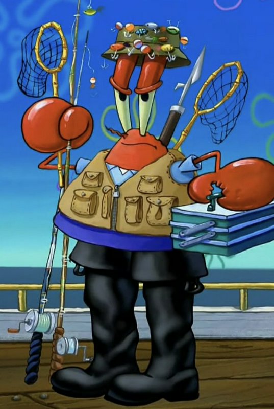 Cartoon crab in a fisherman/scientist outfit with nets, books, and fishing gear on a dock.