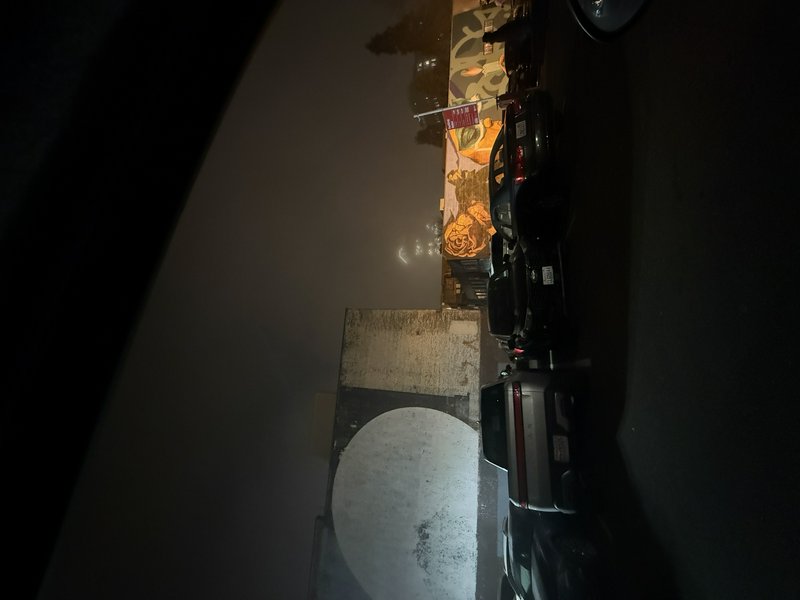 Foggy night urban street view, parked cars line a building with a floral rose mural, hazy dim sky...