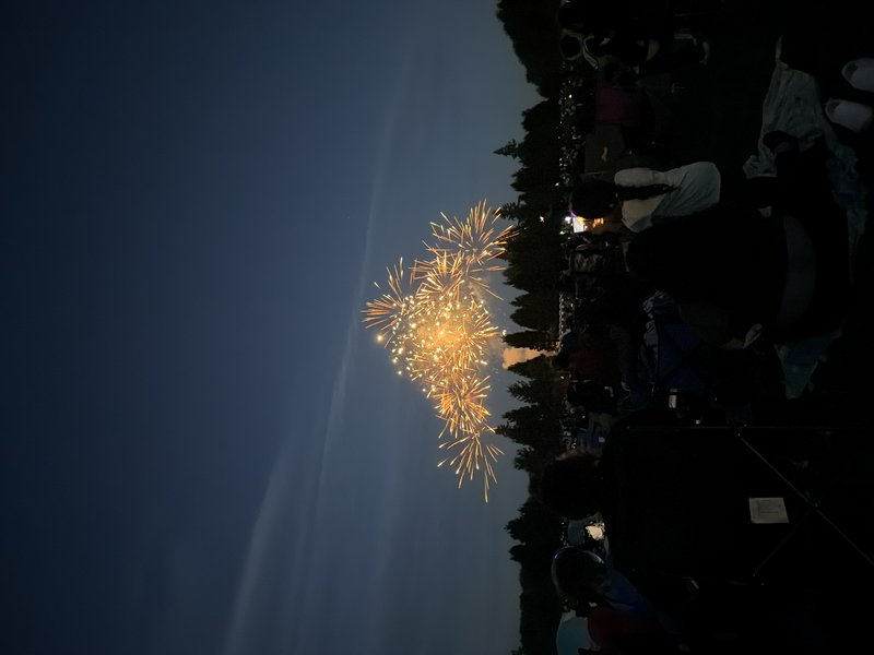 Golden bursting fireworks light a deep twilight blue sky, viewed by a crowd of outdoor event atte...