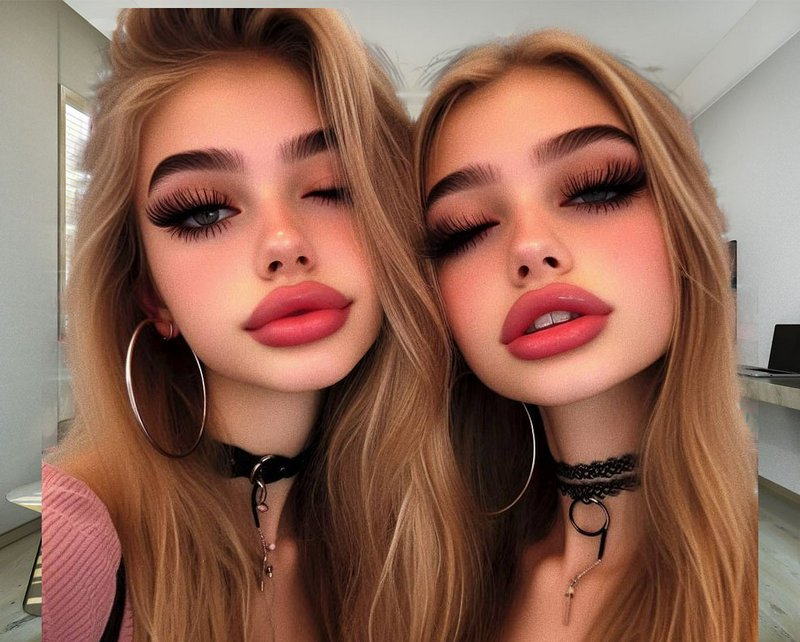 Close-up selfie of two stylish blonde friends with bold glam makeup, large hoop earrings, and edg...