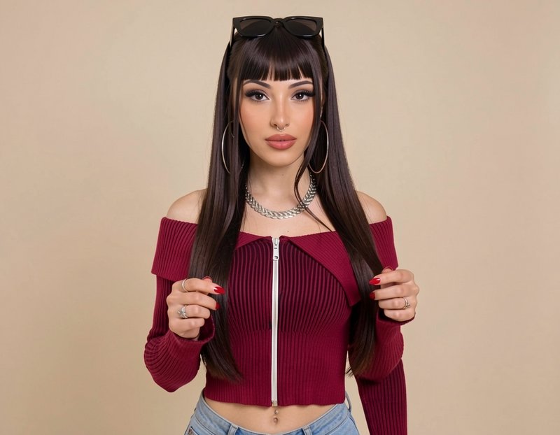 Studio portrait of a stylish young woman with blunt bangs, burgundy off-shoulder top, and edgy si...