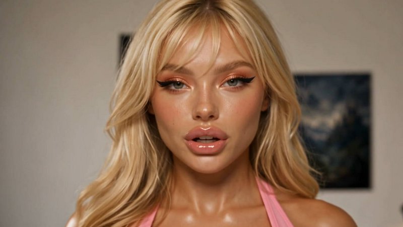Close-up portrait of a glamorous blonde woman with dewy glowy makeup, wavy hair, and pink halter ...