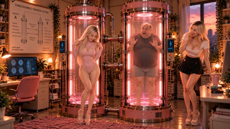 Surreal consciousness transfer lab scene with a shocked man in a pink neon pod between two identi...