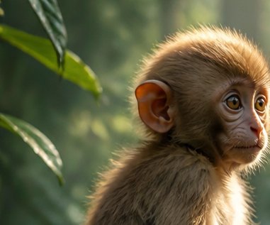 Close-up of a young macaque monkey in profile against green foliage.