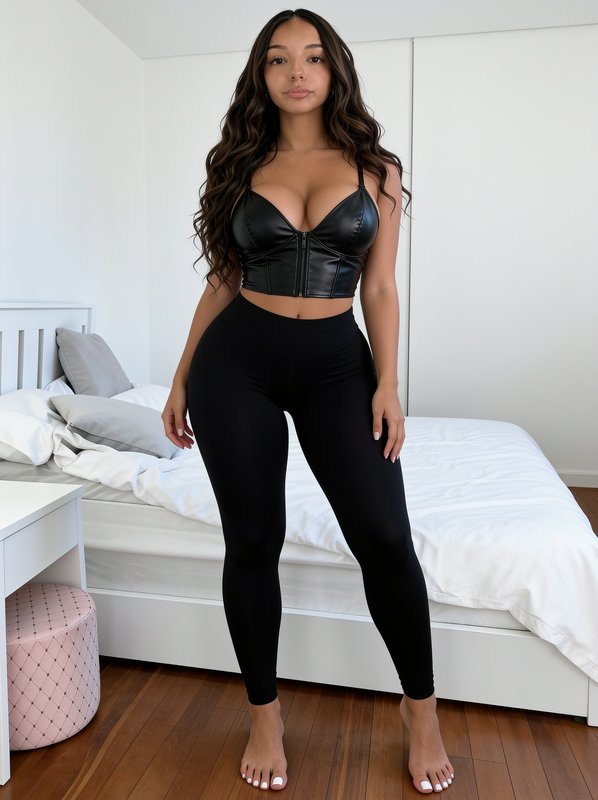 Young woman in black faux leather crop top and leggings standing in a bright minimalist white bed...