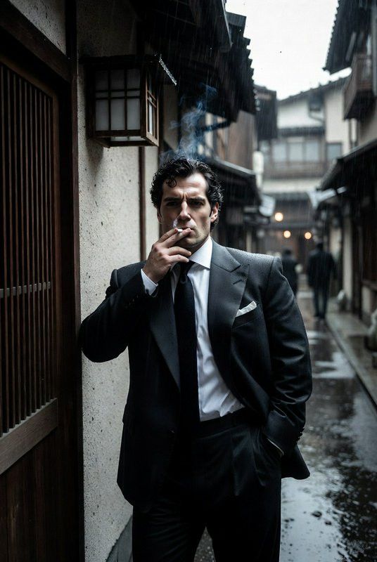 Man in a black suit smoking a cigarette in a rainy, narrow Japanese alley.