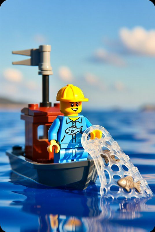 LEGO fisherman minifigure in a small boat on blue water with a fishing net and fish