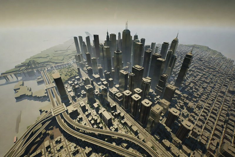 Aerial view of a dense futuristic city with towering skyscrapers and sweeping elevated highways.