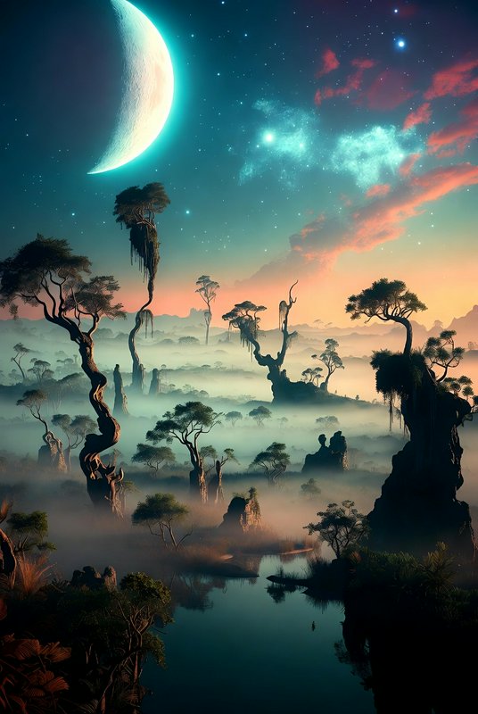 Surreal twilight landscape with towering twisted trees, a giant crescent moon, and a misty valley...