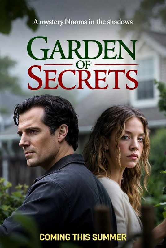 Two adults stand back-to-back in a garden, moody poster for Garden of Secrets with green and red ...