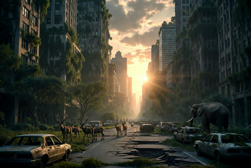 Abandoned city street overgrown with plants, with deer and an elephant amid sunrise light.