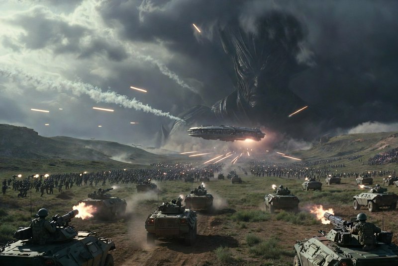 Massive sci-fi battle scene with tanks on a dusty valley floor confronting a hovering ship and a ...