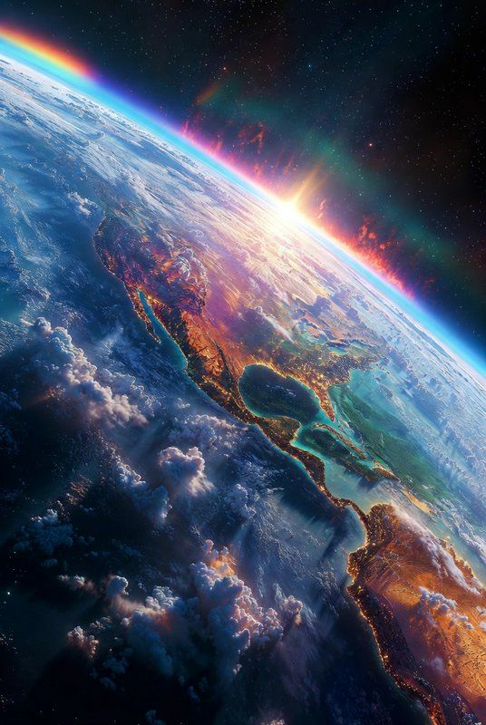 Earth from space at sunrise with aurora and glowing coastlines.