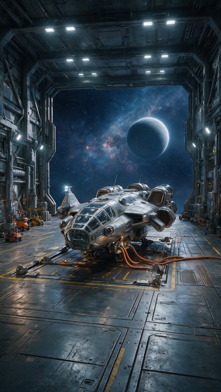 Metallic sci-fi starship docked in an industrial space station hangar, with a nebula and crescent...