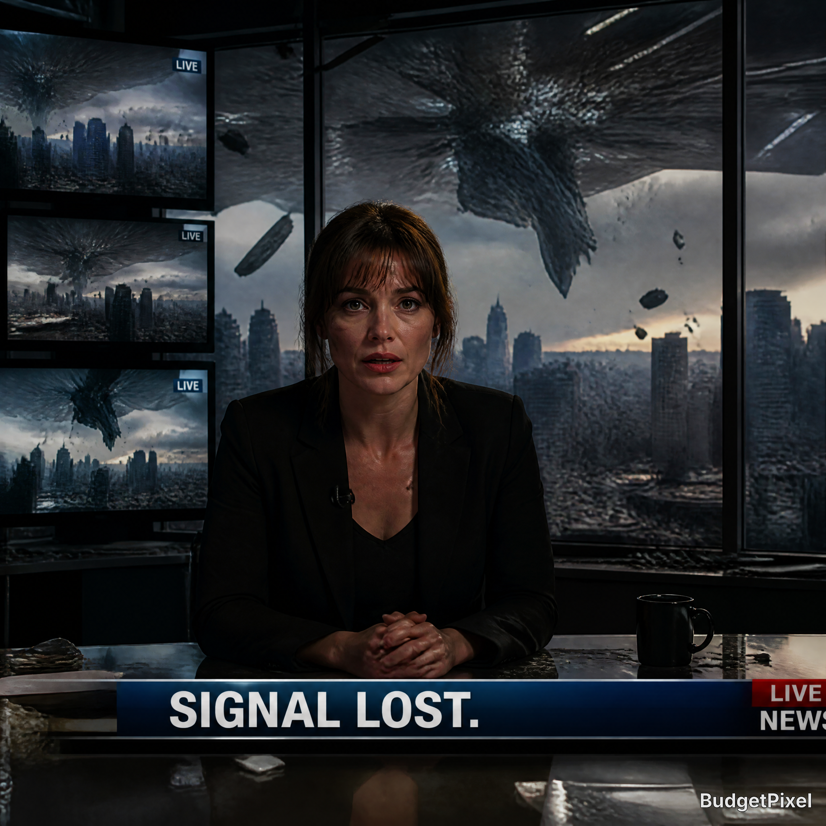 News anchor in a studio as a giant alien spacecraft crashes through windows, city ruins visible behind.