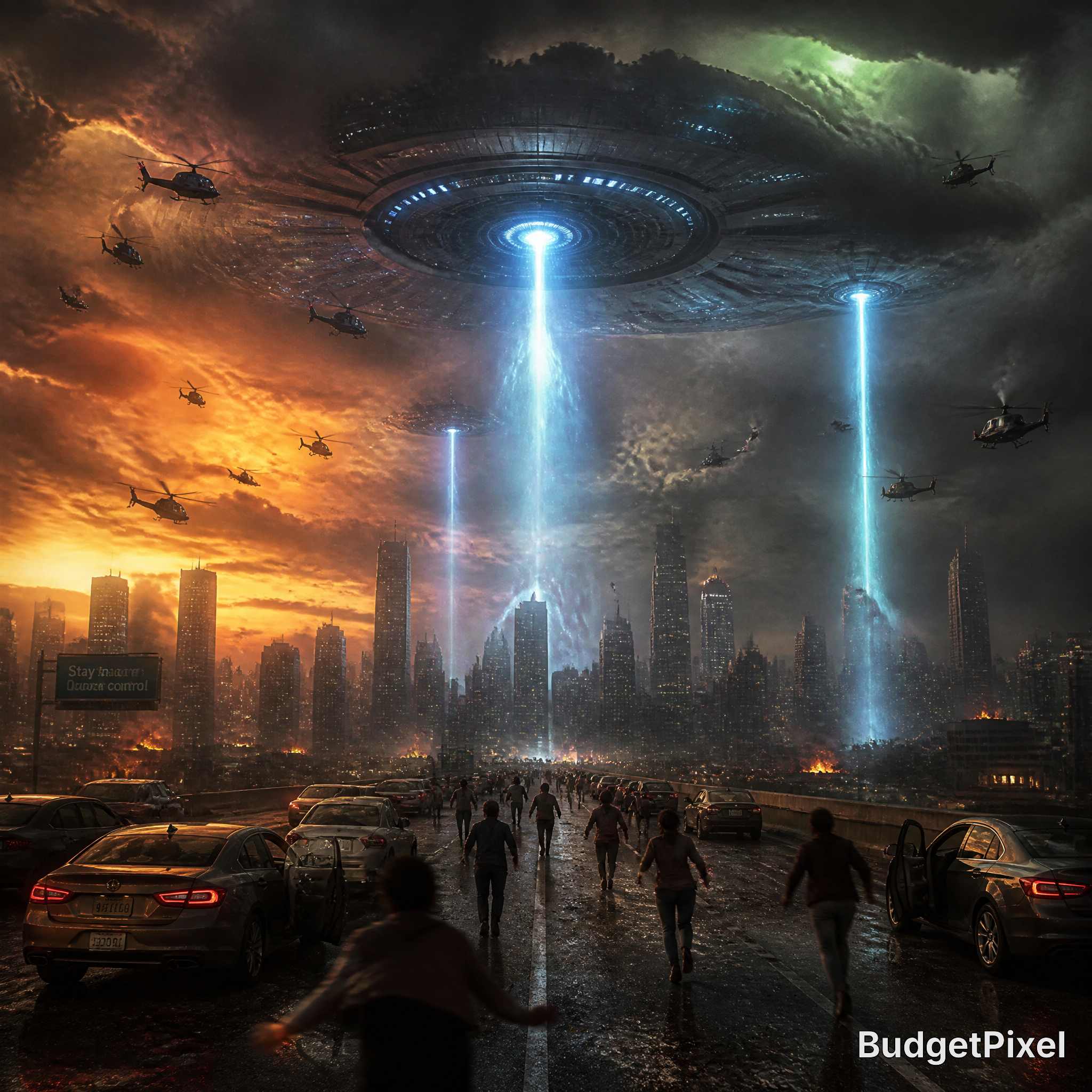 A massive UFO hovers over a city with blue beam lights and civilians fleeing on a flooded highway.
