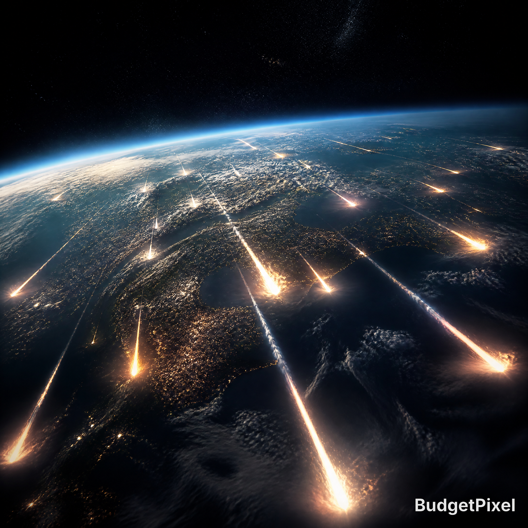 Earth view from space at night with glowing meteor-like streaks across the globe.