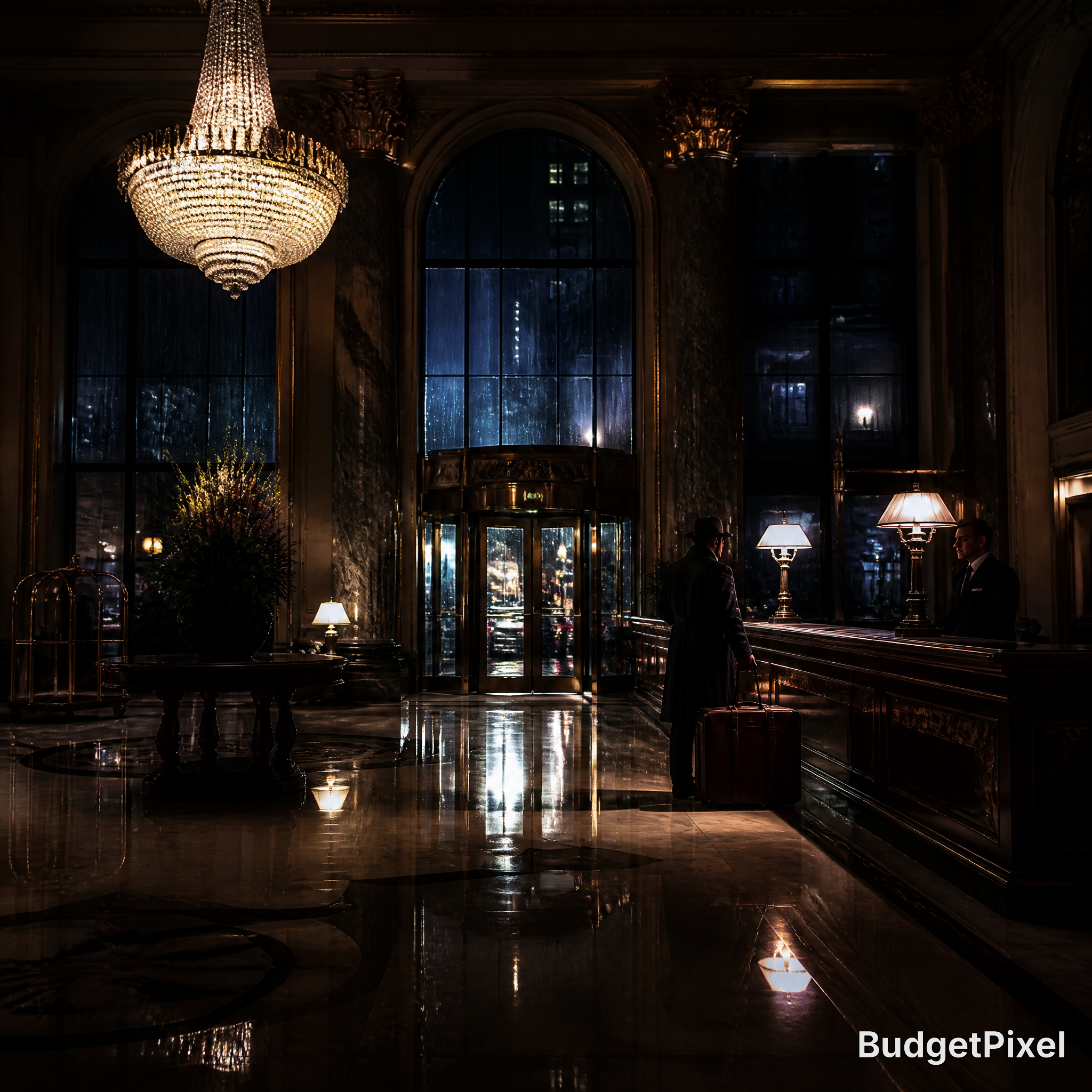 Elegant luxury hotel lobby at night with a grand chandelier, marble floor, and revolving glass doors.