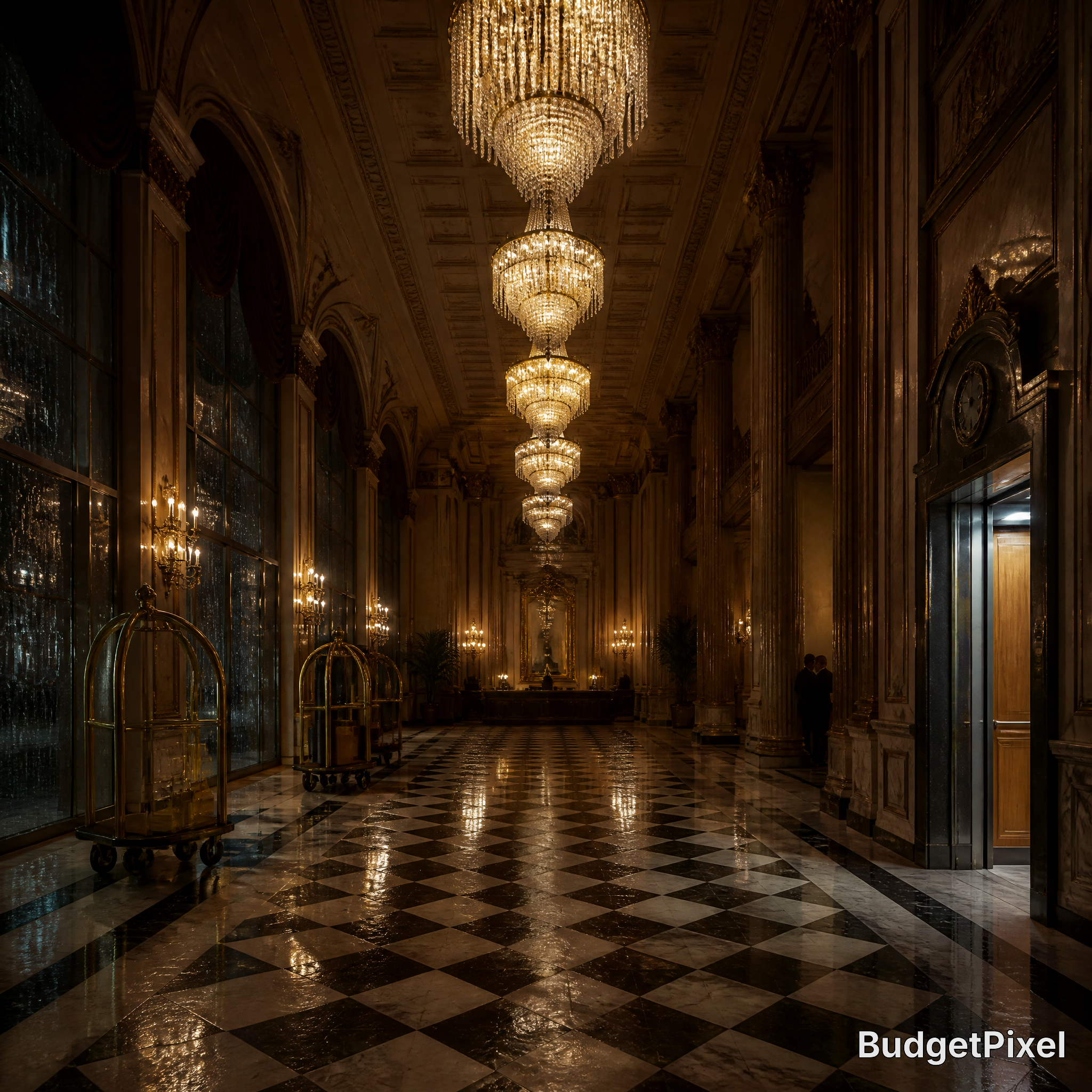 Luxurious hotel lobby with grand crystal chandeliers and a black-and-white checkered marble floor.