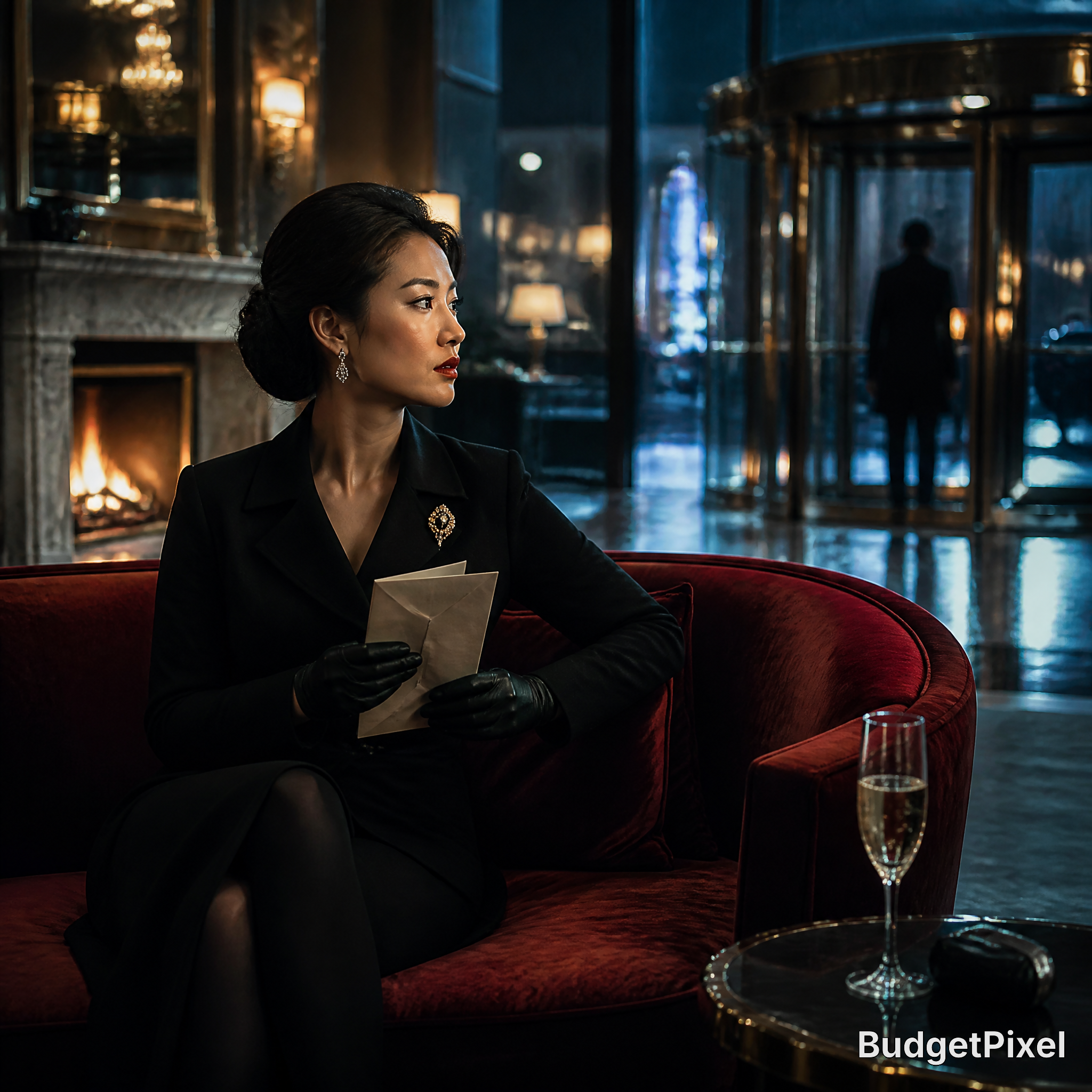 Woman in a black outfit with gloves sits on a red velvet sofa, holding envelopes in a luxurious hotel lobby.