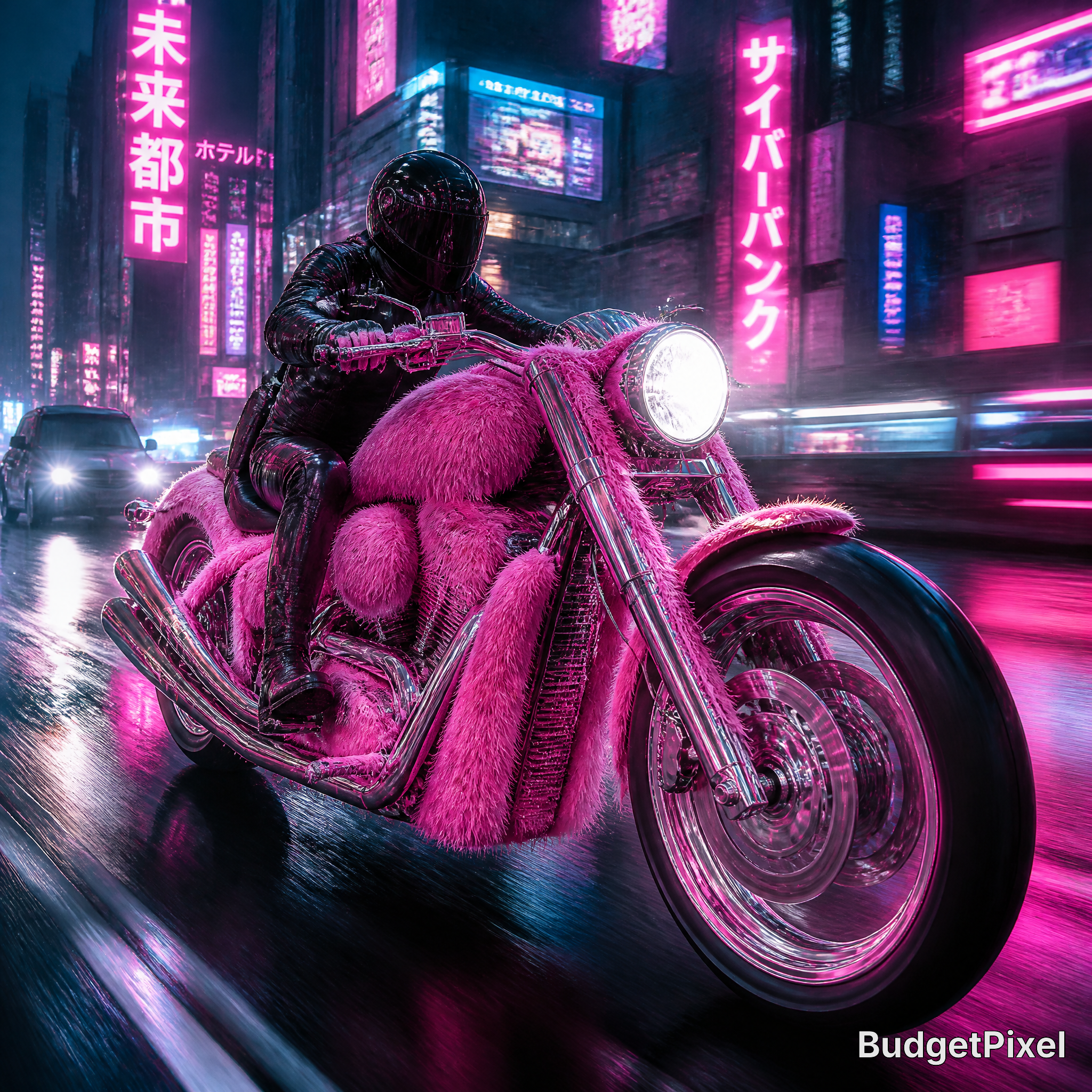 Person in a black helmet rides a pink fuzzy motorcycle through a neon-lit cyberpunk city.