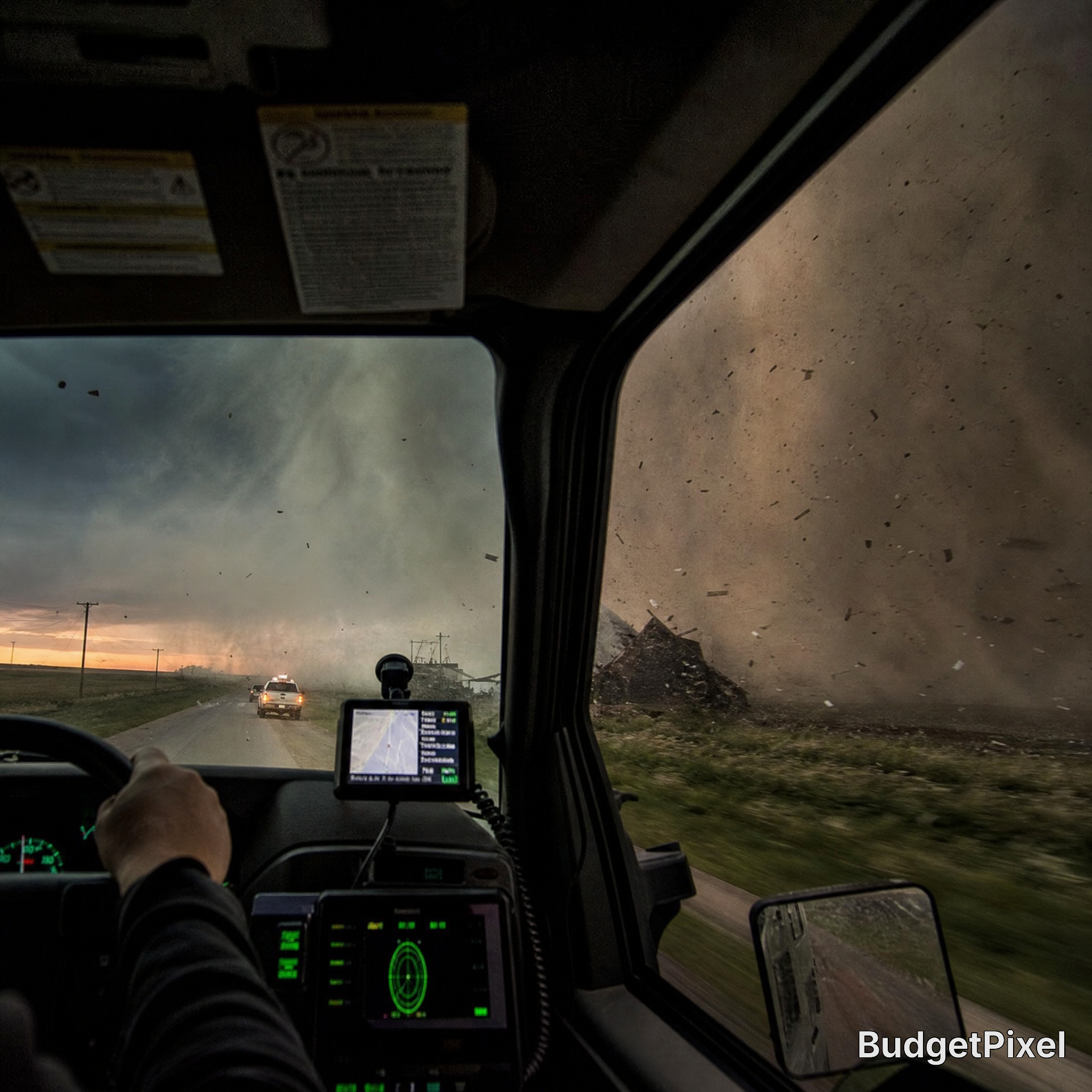 Inside a vehicle driving toward a dust storm on a rural road, dashboard screens glowing.