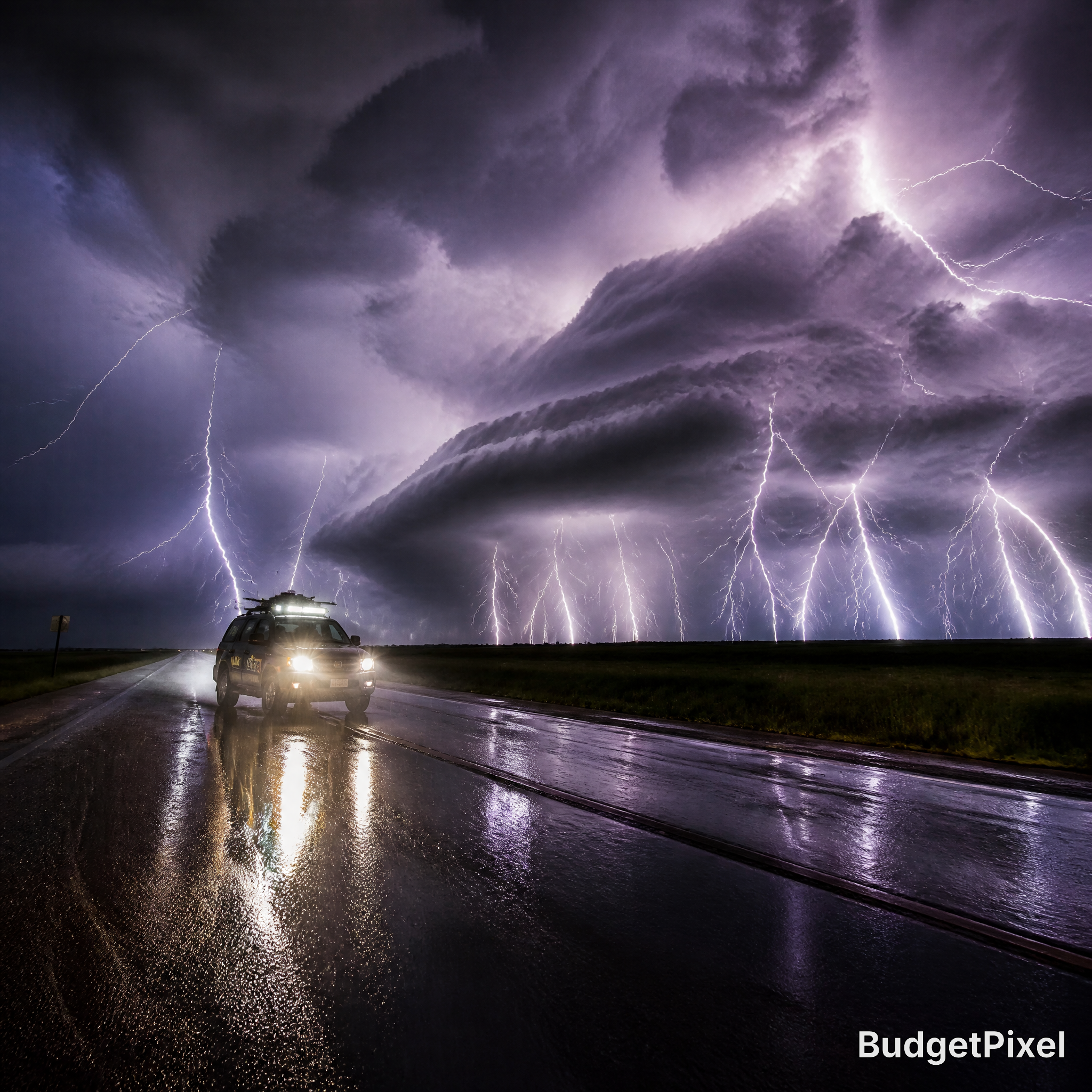 SUV on a rain-soaked highway during a dramatic lightning storm with purple skies.